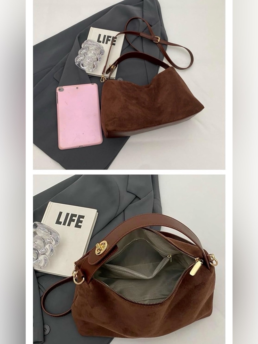 Women's Brown Faux Suede Hobo Bag - Classic Shoulder Style - Picture 5 of 12
